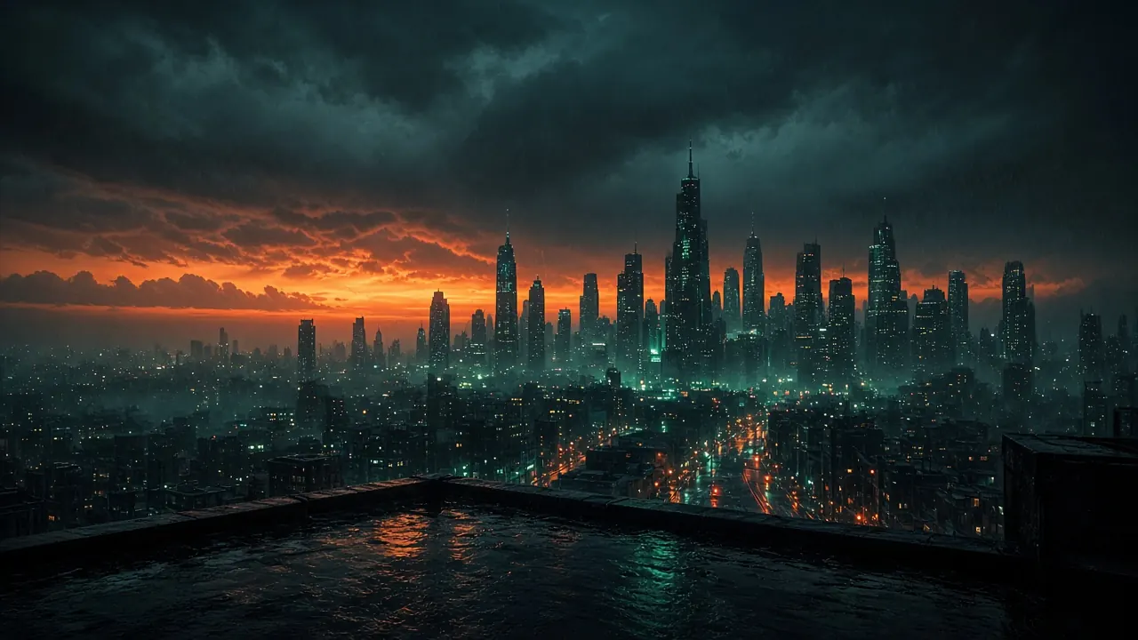 NFSU2 artwork: a warm-lit neon city skyline at night seen from a rooftop