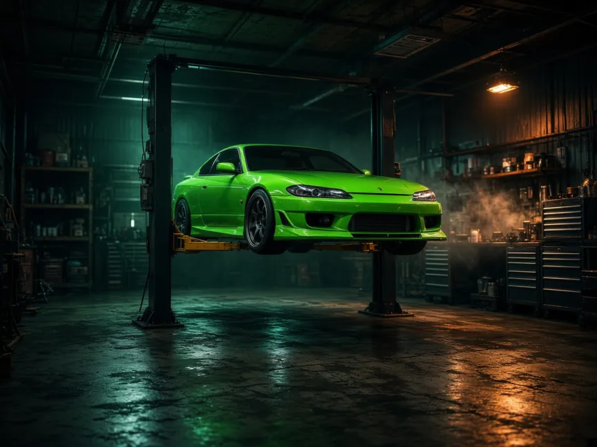 NFSU2 artwork: a green tuner car on a lift in a neon-lit underground garage